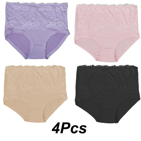 4Pcs Women High Panties Lace Floral Crochet